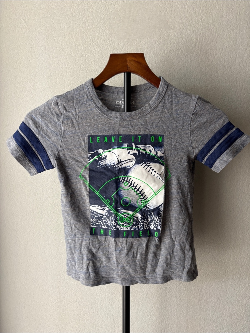 OshKosh B'gosh Gray Tee with Navy Stripes & Neon Green Baseball Graphic